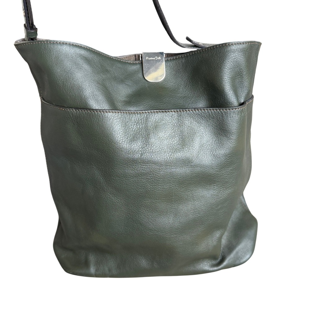 Massimo Dutti Green Leather Hobo Shoulder Bag 6915 Large Pocket Forest Green